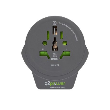 q2power 1.100110-TH utazóadapter, World to Europe USB, USB 5V 2.4A, max. 16 A, 250 V - 4000 W teljesítmény