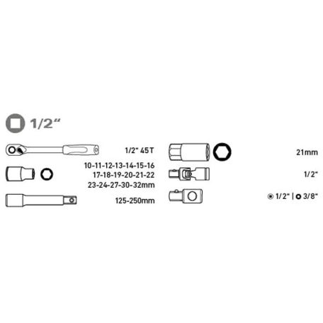 EXTOL PREMIUM dugókulcs klt., CV., racsnis 45fog ; 1/2' 24db, 10-32mm, fém doboz