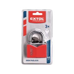   EXTOL PREMIUM lakat, vas, rombusz alakú, műanyag borítás, 3db kulcs; 40mm, edzett acél kengyel, szárátmérő: 6,3 mm