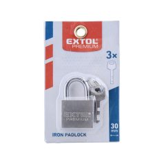   EXTOL PREMIUM lakat, vas, matt nikkel, 3db kulcs; 30mm, edzett acél kengyel, szárátmérő: 5 mm