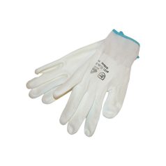   Kötött kesztyű fehér nylon, XL-es méret, 10' poliuretánba mártott teny. és ujjhegy., gumírozott mandzsetta