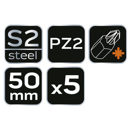 NEO TOOLS Torziós ütvecsavarozó bitek S2, 50mm, PZ2, 5db 09-579