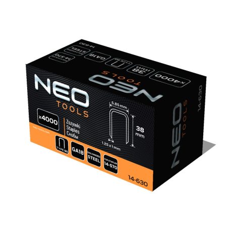 NEO TOOLS Tűzőkapocs, horganyzott 90-es tipus, pneumatikus tűzőgéphez (14-570), GA18, 38mm, 4000db 14-630