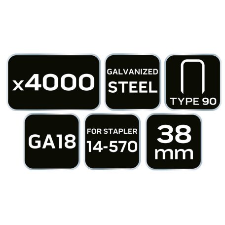 NEO TOOLS Tűzőkapocs, horganyzott 90-es tipus, pneumatikus tűzőgéphez (14-570), GA18, 38mm, 4000db 14-630