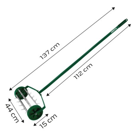 VERTO Fűszellőztető, gyepszellőztető, kézi, 27 tüske, 15 cm dobátmérő 15G539