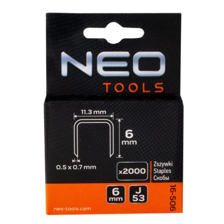 NEO TOOLS Tűzőkapocs 6mm, J típus, 2000db 16-506