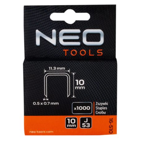 NEO TOOLS Tűzőkapocs 10mm, J típus, 1000db 16-510