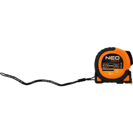 NEO TOOLS Mérőszalag, 3m/16mm, erősített rugós, acél, fekete szalag fehér nagyított skálával, mágneses, autostop+rögzítő 67-241