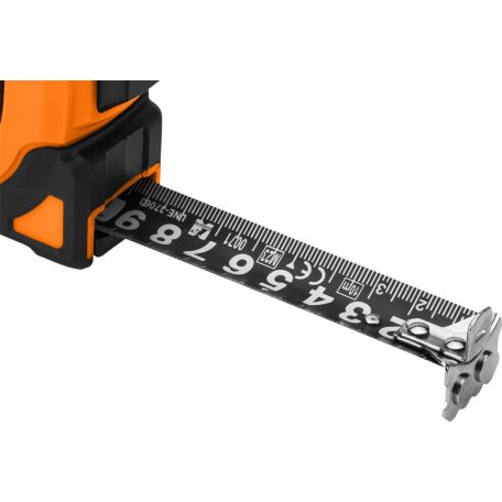 NEO TOOLS Mérőszalag, 3m/16mm, erősített rugós, acél, fekete szalag fehér nagyított skálával, mágneses, autostop+rögzítő 67-241