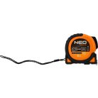 NEO TOOLS Mérőszalag, 5m/25mm, erősített rugós, acél, fekete szalag fehér nagyított skálával, mágneses, autostop+rögzítő 67-243