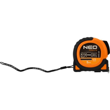 NEO TOOLS Mérőszalag, 5m/25mm, erősített rugós, acél, fekete szalag fehér nagyított skálával, mágneses, autostop+rögzítő 67-243