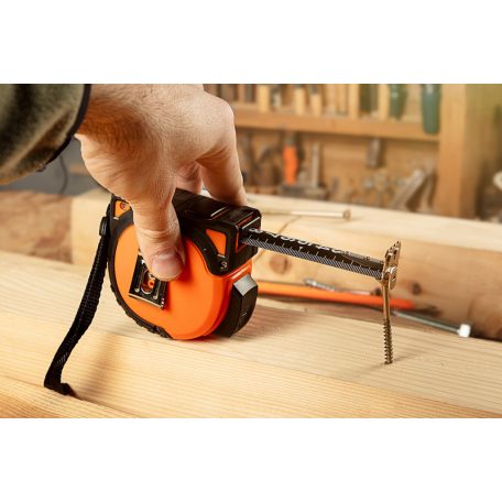 NEO TOOLS Mérőszalag, 7,5m/25mm, erősített rugós, acél, fekete szalag fehér nagyított skálával, mágneses, autostop+rögzítő 67-244