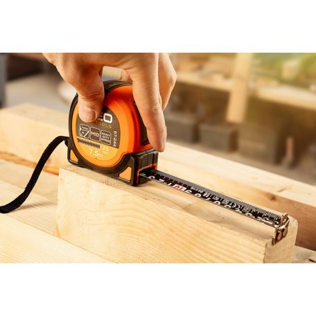 NEO TOOLS Mérőszalag, 7,5m/25mm, erősített rugós, acél, fekete szalag fehér nagyított skálával, mágneses, autostop+rögzítő 67-244