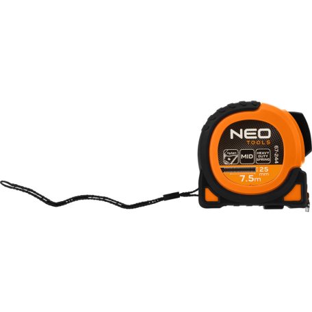 NEO TOOLS Mérőszalag, 7,5m/25mm, erősített rugós, acél, fekete szalag fehér nagyított skálával, mágneses, autostop+rögzítő 67-244