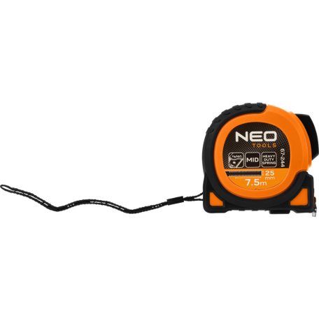 NEO TOOLS Mérőszalag, 7,5m/25mm, erősített rugós, acél, fekete szalag fehér nagyított skálával, mágneses, autostop+rögzítő 67-244