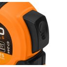 NEO TOOLS Mérőszalag, 7,5m/25mm, erősített rugós, acél, fekete szalag fehér nagyított skálával, mágneses, autostop+rögzítő 67-244