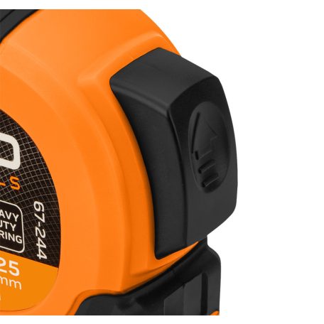 NEO TOOLS Mérőszalag, 7,5m/25mm, erősített rugós, acél, fekete szalag fehér nagyított skálával, mágneses, autostop+rögzítő 67-244