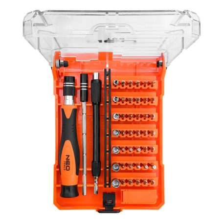 NEO TOOLS Műszerész, precíziós csavarhúzókészlet, bitekkel, nyéllel és hosszabbító szárakkal, 45db-os 06-111-1