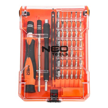 NEO TOOLS Műszerész, precíziós csavarhúzókészlet, bitekkel, nyéllel és hosszabbító szárakkal, 45db-os 06-111-1
