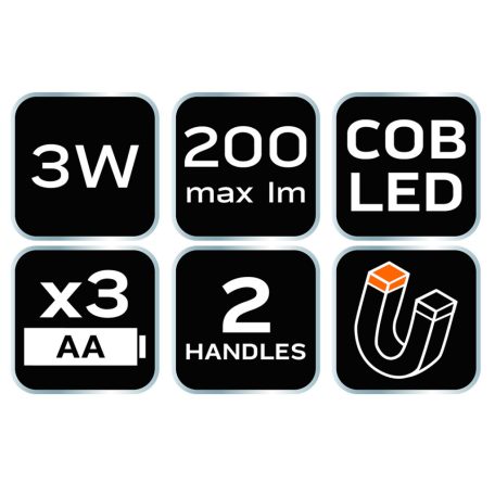NEO TOOLS Kempinglámpa, 3 funkciós, összecsukható, 200lum, elemes 3xAA, COB LED, 3W 99-030