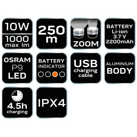 NEO TOOLS Zseblámpa tölthető, USB, 1000lum, OSRAM P9 LED, 10W 99-035