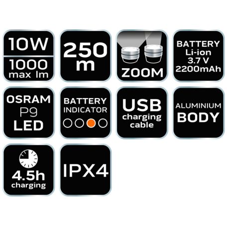 NEO TOOLS Zseblámpa tölthető, USB, 1000lum, OSRAM P9 LED, 10W 99-035