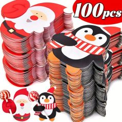   100 db-os karácsonyi nyalóka tartó kártya - Mikulás, pingvin, hóember mintákkal