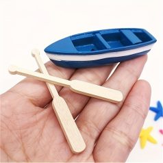   2 db-os miniatűr horgászhajó készlet fa evezőkkel, kék gyanta hajófigura