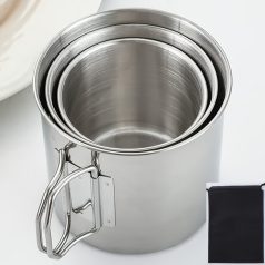   500 ml-es tartós és hordozható  rozsdamentes acél kempingpohár karabinerkapcstal és összecsukható fogantyúval