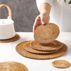   Természetes rattan placemat szett, kézzel szőtt, csúszásmentes, hőálló, étkezéshez és teaceremóniához