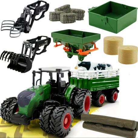 41,91 cm-es 1/24-es méretarányú farm traktor játékkészlet pótkocsival