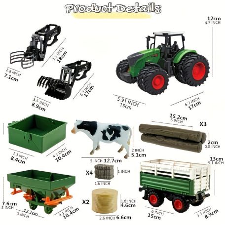 41,91 cm-es 1/24-es méretarányú farm traktor játékkészlet pótkocsival