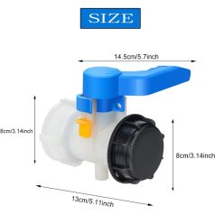  IBC tartály pillangószelep – 62 mm átmérő, kék karos zárócsap fekete kupakkal, műanyag adapter IBC tartályhoz