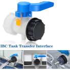IBC tartály pillangószelep – 62 mm átmérő, kék karos zárócsap fekete kupakkal, műanyag adapter IBC tartályhoz