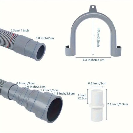 Mosógép és mosogatógép lefolyócső készlet, rugalmas hullámcső, hosszabbító adapterrel és csőszorítóval, 1,5 m