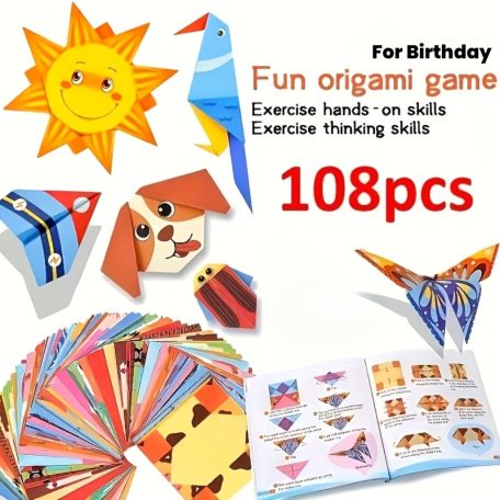108 db-os kreatív origami papírhajtogatás készlet, 54 origami mintával, lépésről lépésre útmutatóval