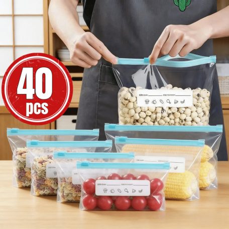 40 db újrahasználható húzózsinóros hűtőszekrény tároló frissességmegőrző zacskók, 20S+10M+10L 20S+10M+10L, 40 db