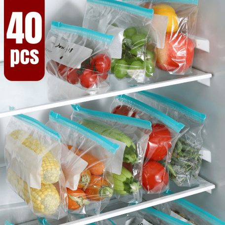 40 db újrahasználható húzózsinóros hűtőszekrény tároló frissességmegőrző zacskók, 20S+10M+10L 20S+10M+10L, 40 db